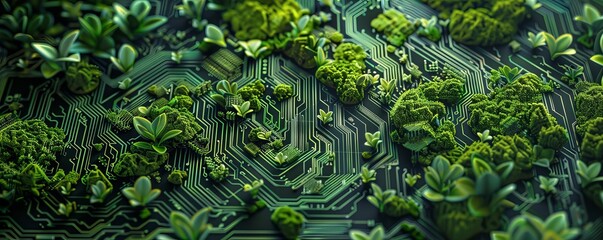 Aufkleber - Circuit board overgrown with lush green plants and moss, eco-technology concept
