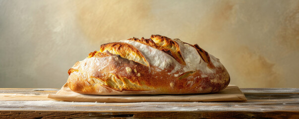 Wall Mural - Rustic loaf of freshly baked bread on wooden table