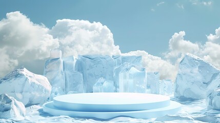 Sticker - Ice podium background snow winter product platform cold mountain 3D. Podium ice display background cosmetic sky floor blue scene landscape frozen white cool stand pedestal minimal rock glacier nature