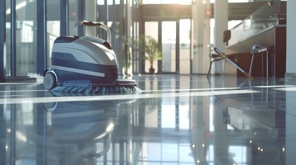 Canvas Print - Cleaning hard floor with the cleaning machine in office