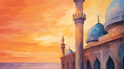 Wall Mural - minaret of mosque country background and copy space , generative ai