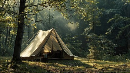 Wall Mural - A cozy tent pitched under a canopy of trees with soft morning light filtering through the leaves.