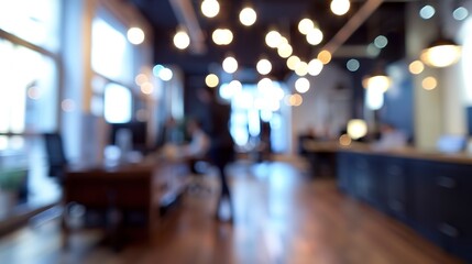 Poster - Business office with blurred people. Abstract light bokeh at office interior background for design.