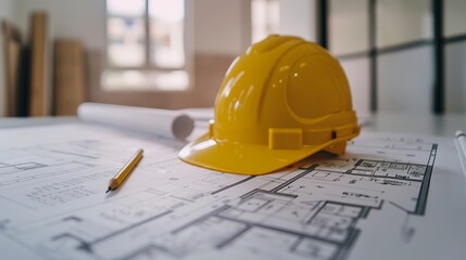 Poster - Blueprint floor plan architectural project on the table with yellow helmet and pencil 