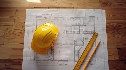 Poster - Blueprint floor plan architectural project on the table with yellow helmet and pencil