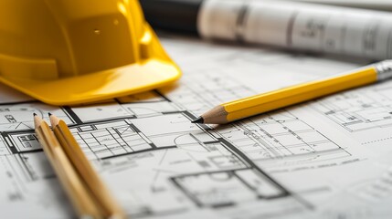 Poster - Blueprint floor plan architectural project on the table with yellow helmet and pencil