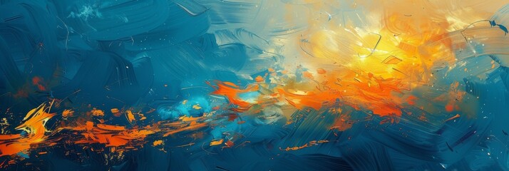 Wall Mural - Vivid abstract painting showcasing a dynamic blend of blue and orange tones in a captivating digital composition.