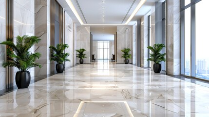 Wall Mural - Modern interior of luxury office hall, clean marble floor and plants in lobby of commercial building. Concept of tile, hallway, service, company, wood and stone design