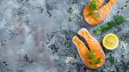 Canvas Print - Salmon steaks with lemon and dill on gray background for cooking Top view copy space