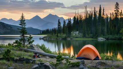 Wall Mural - The tranquility and connection to nature that lakeside camping provides. Talk about the benefits of outdoor activities for physical and mental health.