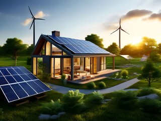  Modern Eco-Friendly House with Solar Panels and Wind Turbines