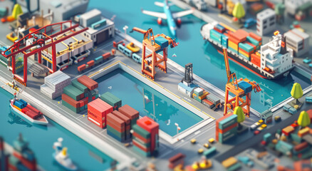 Poster - A isometric illustration of cargo ships, containerships and cranes at the port with colorful containers in the background