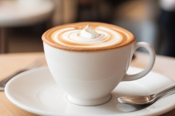 Wall Mural - Cappuccino on a wooden table in a coffee shop