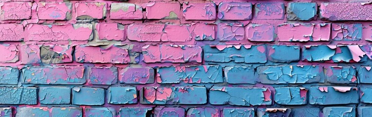 Wall Mural - Rustic Brick Wall with Abstract Pink and Blue Painted Texture - Seamless Pattern Background and Banner Panorama for Wallpaper and Masonry Stonework - Damaged and Colored for Unique Texture