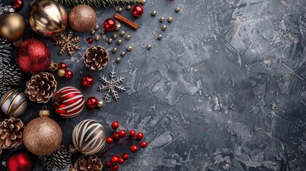 Wall Mural - Grey background with Christmas decorations and space for text