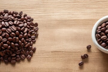 Flat-lay Coffee bean roasted over a wooden table with a copy space