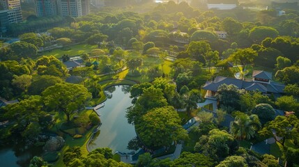 Wall Mural - Explore the harmonious blend of nature and architecture with an aerial view of the green spaces.