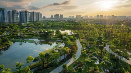 Canvas Print - Explore the harmonious blend of nature and architecture with an aerial view of the green spaces.