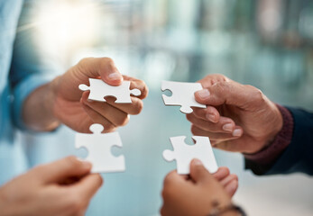 Aufkleber - Business people, puzzle and hands with teamwork, planning and cooperation for project, merger or support. Closeup, group or employees with creative solution, brainstorming or partnership with synergy