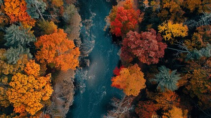 Canvas Print - Explore the vibrant colors of autumn foliage from above, highlighting the seasonal transformation.