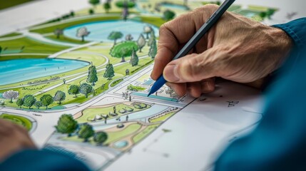 Poster - Illustrate an architect drawing a detailed plan for a modern community park, emphasizing the green spaces, recreational facilities, and sustainable design features.