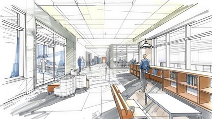 Wall Mural - Illustrate an architect planning a modern library, emphasizing open spaces, natural light, and flexible areas for study, collaboration, and events