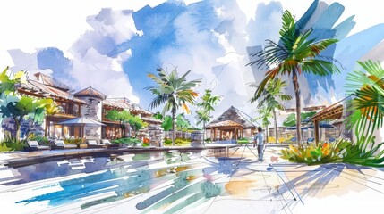 Sticker - Illustrate an architect sketching the plans for a luxurious resort, emphasizing the integration of natural landscapes and elegant architectural features