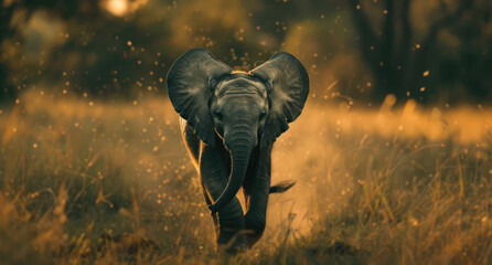 Wall Mural - A baby elephant running through the savannah at sunrise