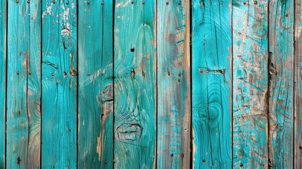 Wall Mural - Old wooden fence fragment with turquoise paint on rustic boards