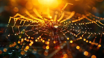 macro photograph of a dewdrop-covered spider web at dawn,refracting golden sunlight through intricate silk patterns
