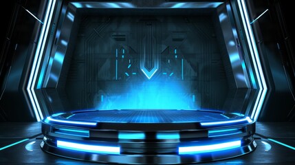 Wall Mural - Futuristic sci-fi platform with blue neon lighting