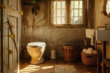 Bathroom interior with toilet bowl and wicker basket. Toned.