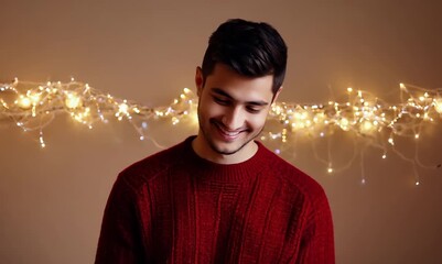 Wall Mural - Portrait of a young handsome man in a red sweater on a background of Christmas lights