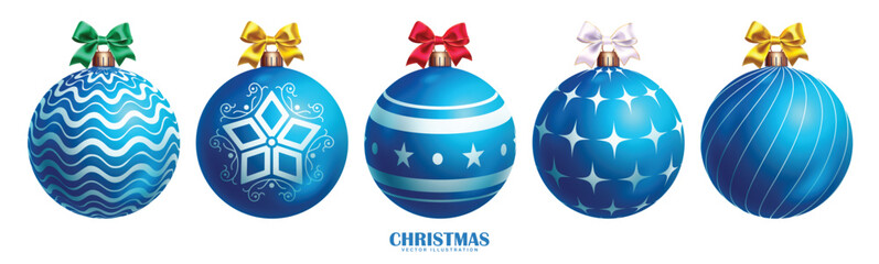 Wall Mural - christmas blue balls vector set design. balls christmas ornament with curve print, stars and stripe 