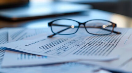 Wall Mural - Businessman reviewing documents on a desk with eyeglasses resting on paperwork in the foreground