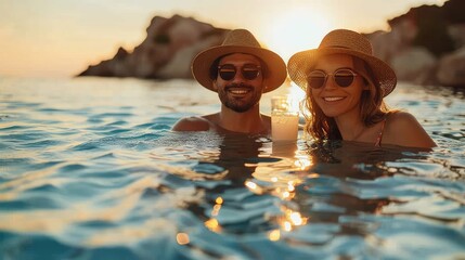 
Couple in summer at hotel pool with cocktails wearing sunglasses. Holiday resort, travel, and vacation concept