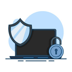 Wall Mural - Laptop security protective shield concept. Cyber ​​security. Data protection. Digital access and online security. computer services and electronic information. flat vector illustration on background.