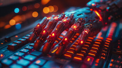 Poster - A robotic hand is on a keyboard with red lights