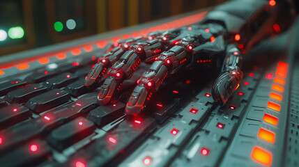 Poster - A robotic hand is on a keyboard with red lights