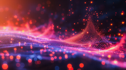 Poster - A colorful, abstract image with a purple and blue background and red and orange dots. The image has a dreamy, surreal quality to it, with the dots appearing to be floating in the air