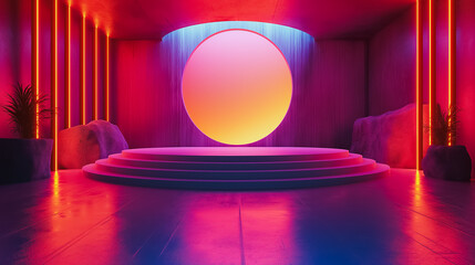 Poster - a large, glowing orb sits in the center of a room with red walls and green plants. the room is dimly