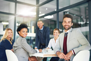 Aufkleber - Meeting, team and portrait of business people in office boardroom for company investment planning. Smile, discussion and group of financial advisors work on corporate finance development for profit.