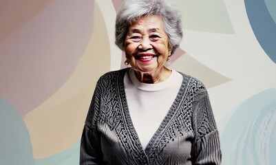 Wall Mural - Group portrait video of a happy Indonesian woman in her 90s wearing a chic cardigan against an abstract background 