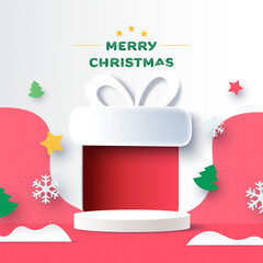 Fototapete - Abstract 3d white cylinder pedestal podium and Paper cut Red Gift Box background. Minimal winter scene for product display presentation. Vector illustration.