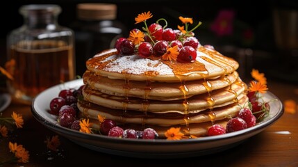 Wall Mural - Close-Up of pile of pancakes with melted sweet syrup and fruit toppings with a blurred background