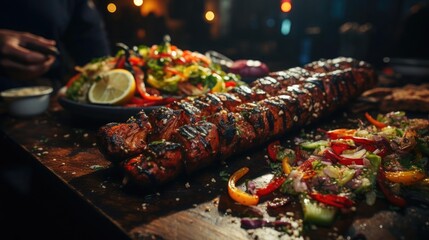 Poster - Delicious kebab full of meat and vegetables, black and blur background