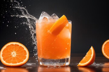 Orange punch cocktail with a splash over a dark background