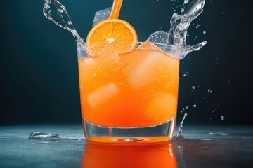 Orange punch cocktail with a splash over a dark background