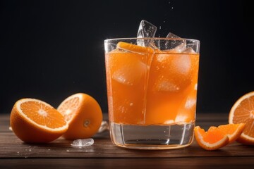 Orange punch cocktail with a splash over a dark background