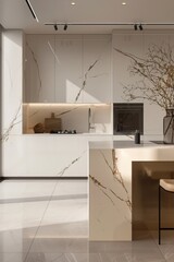 Poster - modern kitchen with marble walls, tiled floor and golden countertops